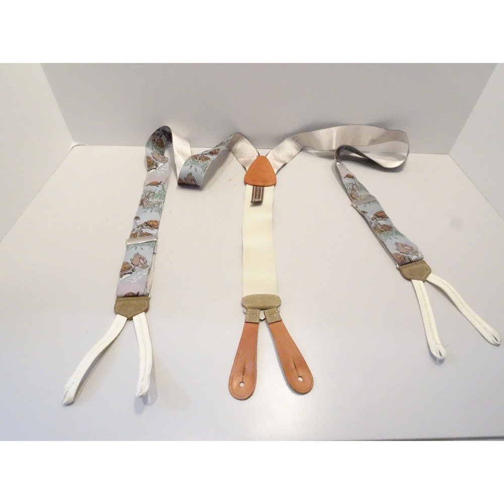 Trafalgar Mens Silk Braces Tortoise Hare Tapestry Suspenders Blue Tan Leather